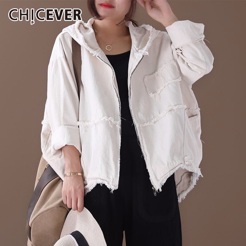 CHICEVERデニムジャケットフード付き長袖ポケット非対称擦り切れコート女性2020服タイド ロング 6base51006744598