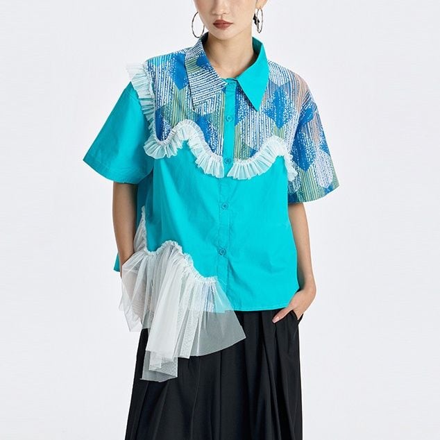 ASYMMETRIC MESH PRINT CONTRAST SLEEVE SHIRT M-17765