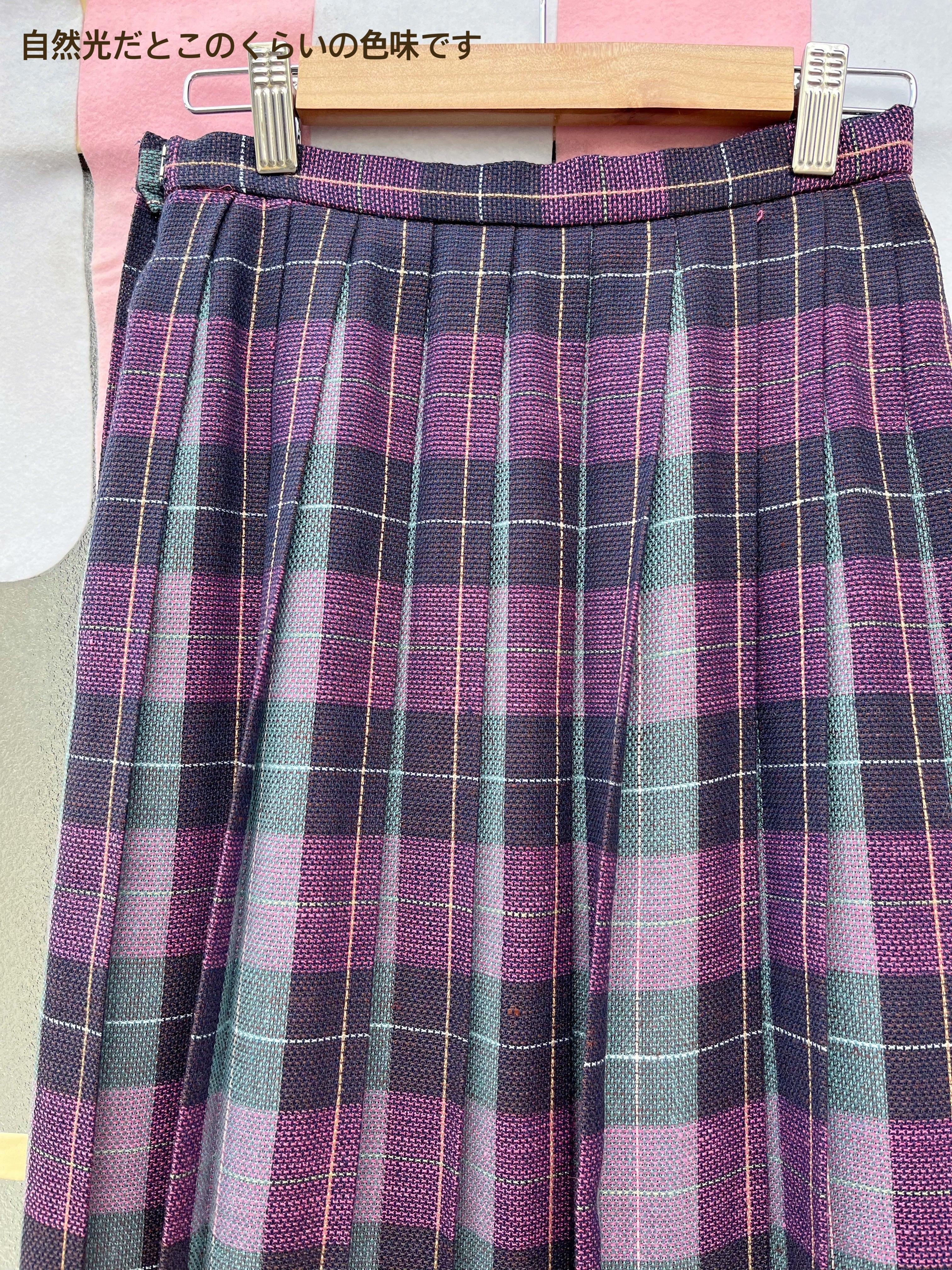 pink green check pleats skirt