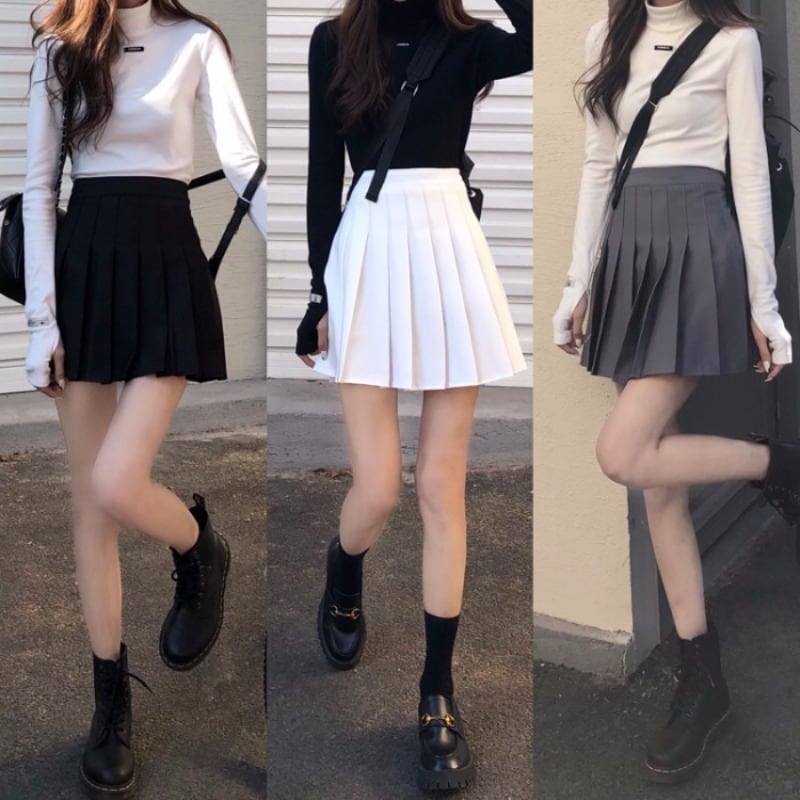 スカート スタイルプリーツスプリングブラックAラインショートハイウェストウェストスリム 春物 ブラックストロベリース53455180709