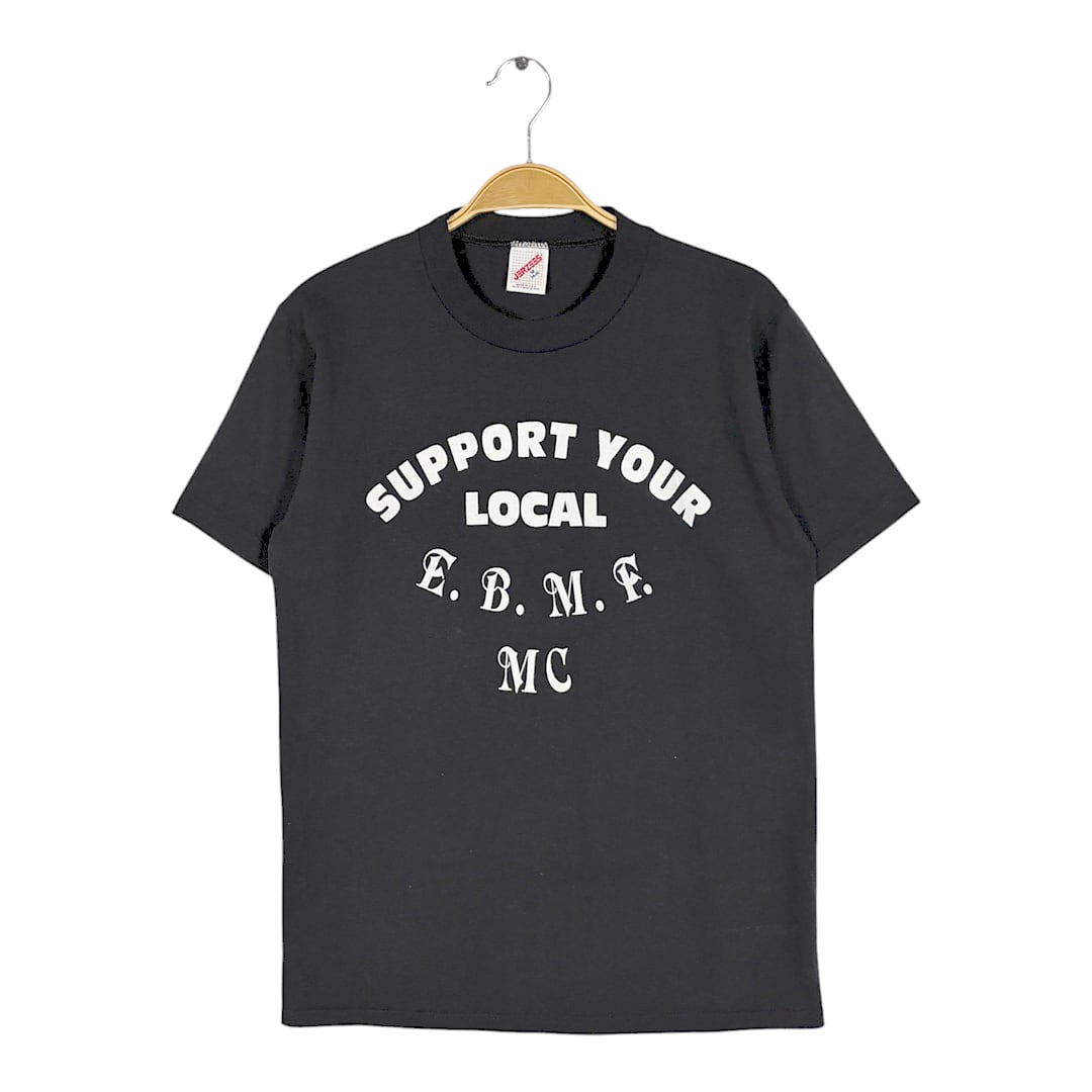 80s バイク モーターサイクルクラブ USA製 ヴィンテージ Tシャツ ブラック シングルステッチ E.B.M.F.MC サイズM 古着 BZ0589
