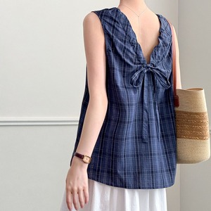 back ribbon check sleeveless blouse　10874