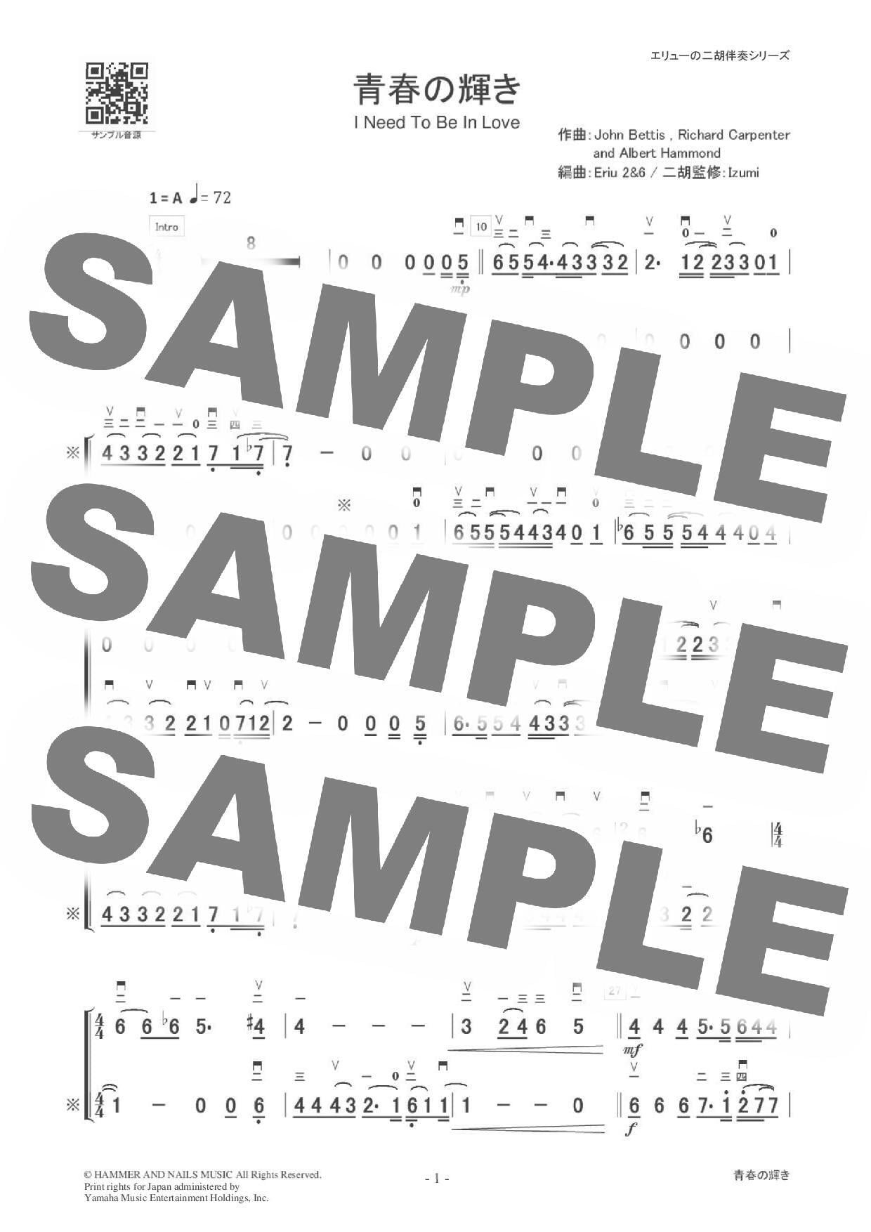青春の輝き - 二胡数字譜面とカラオケ音源セット-※パスワード設定済