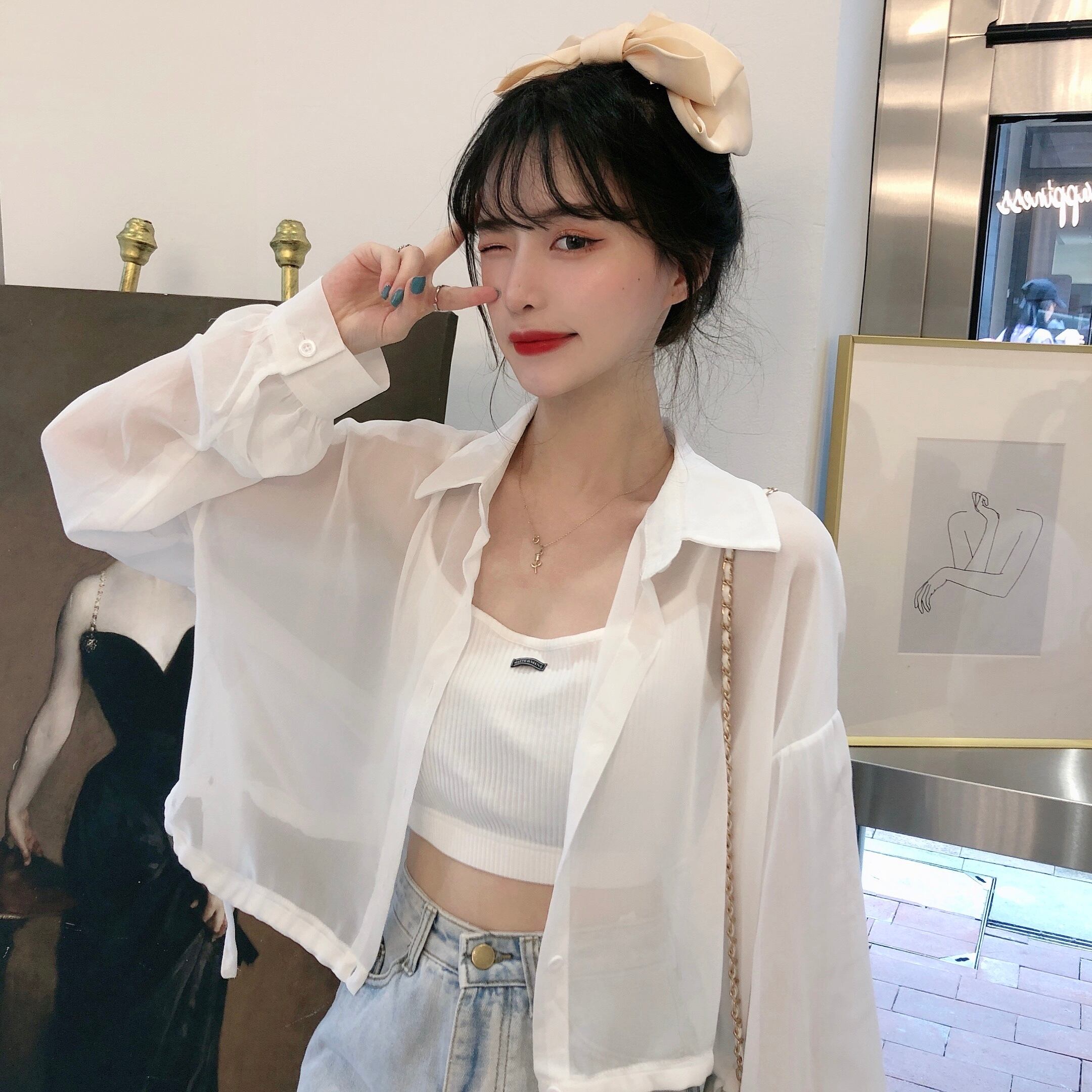 シャツ トップス サマーホワイトショート薄手コート 夏物 萌量不足81458936714