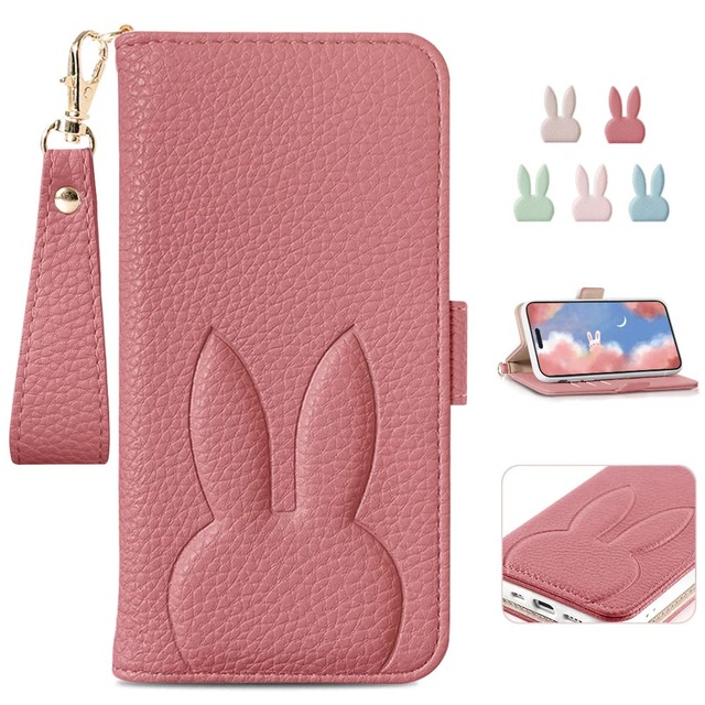MAGICASE For iPhone 15 ケース 手帳型 可愛い iPhone15 手帳型ケース 人気 どうぶつ 兎 アイフォン 15 ケース 手帳型 カバー スマホケース iPhone 15 ケース 手帳型 女性 かわいい カード収納 スタンド機能付き 全面保護 衝撃吸収 あいほん 15 ケース 手帳型 財布型 マグネット式 着脱しやすい 高級PUレザースイカレッド