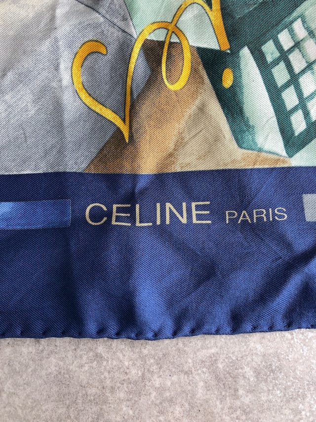 CELINE セリーヌ スカーフ ブルー グリーン シルク vintage ヴィンテージ オールド ejmgse