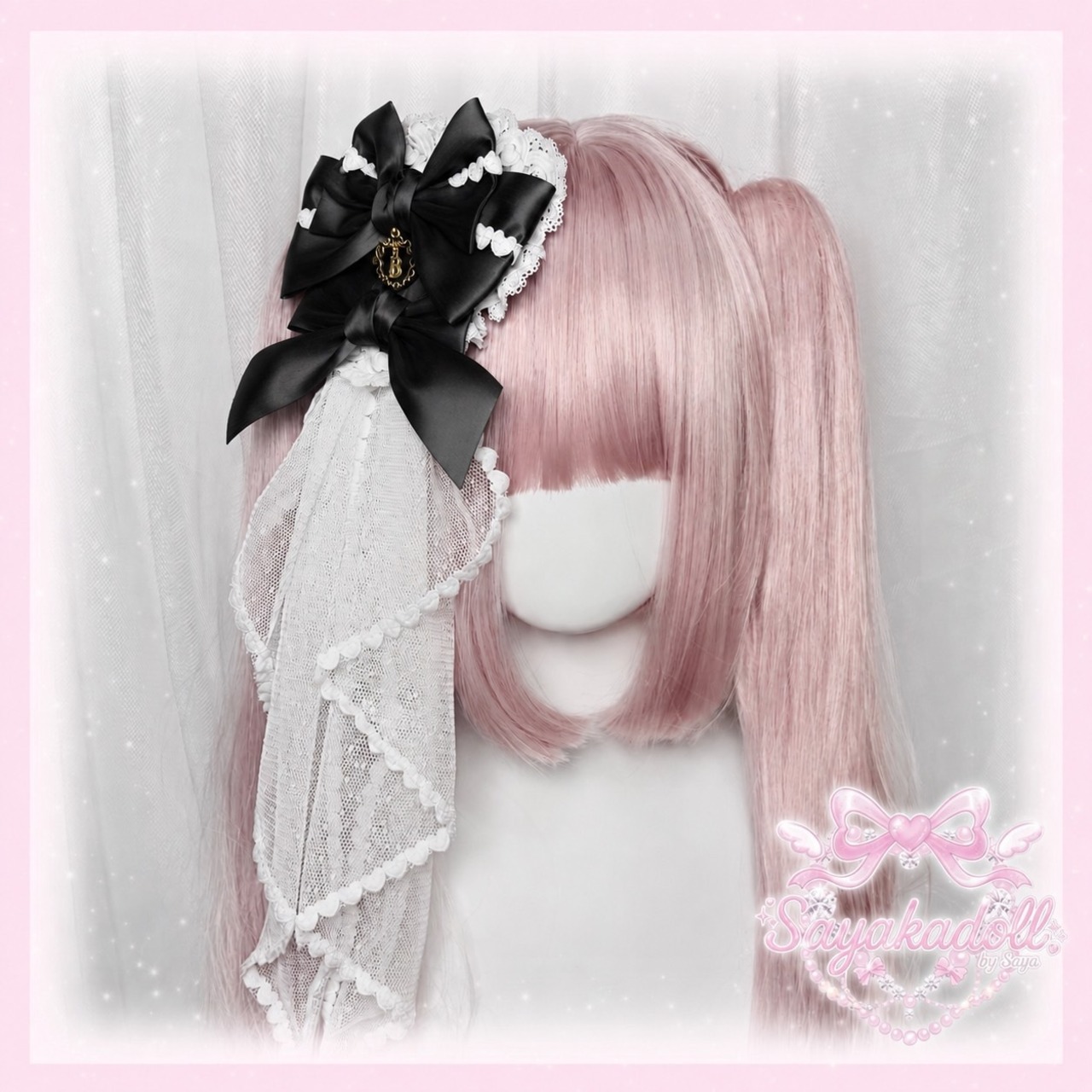 ♡【全5色】MAID ヴェール付き ストライプサテンリボンヘアクリップ black ♡