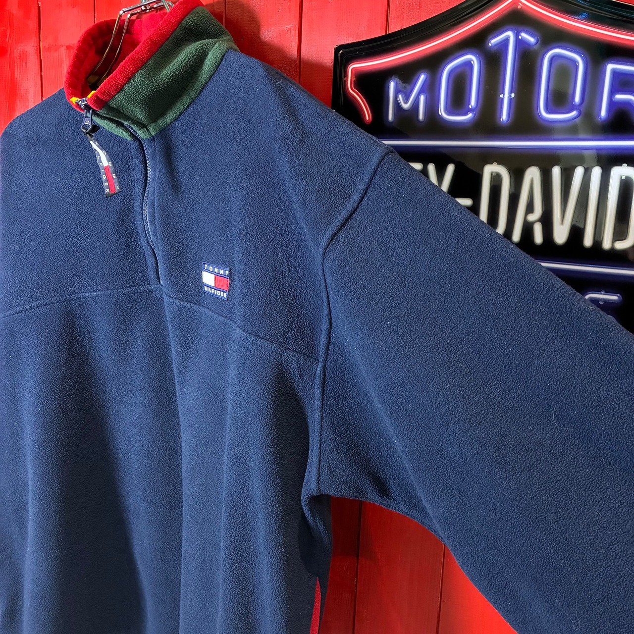 90s TOMMY HILFIGER/ハーフジップフリース ネイビー マルチカラー切替 M