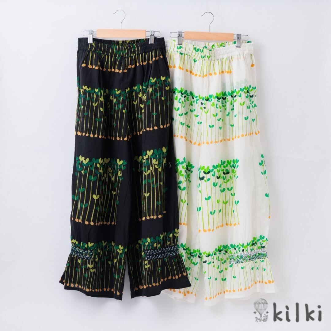 KILKI キルキー パンツ レディース 楽 夏 涼しい 柄 ビーンスプラウト きれいめ ゆったり 綿100 コットン100% 植物 おしゃれ かわいい ギフト プレゼント ブラック ホワイト 6B-P32 Kl031