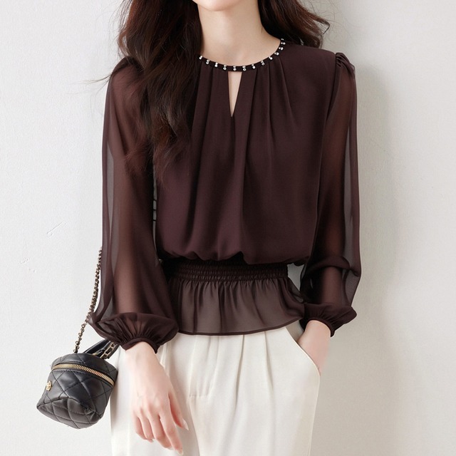 V neck elegant waist fit chiffon shirt ( 2color )