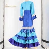 フラメンコ 衣装 トップス ファルダ ツーピース セットアップ 青 ボランテ フリル レース ハイウエスト 水色 長袖 舞台 柄 模様 水玉 ドット かわいい ブルー系 フラメンコ ダンス 衣装 パーティー コスチューム おしゃれ 可愛い ステージ衣装 ハイウエストスカート 美しい スカートシルエット