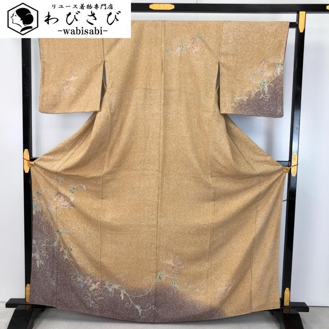 名古屋帯 地紙に笹竹模様 手描き 紬 黄唐紙色 O-3619 | リユース着物  