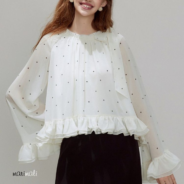 ドット フレアスリーブ フリルヘム シアー ブラウス 26033