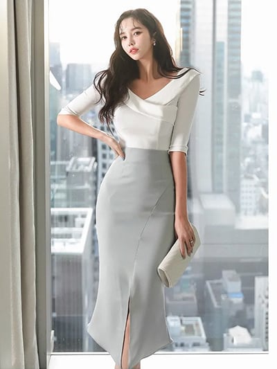 プチプラ》バイカラーVネックワンピース/キャバドレス/ドレスお