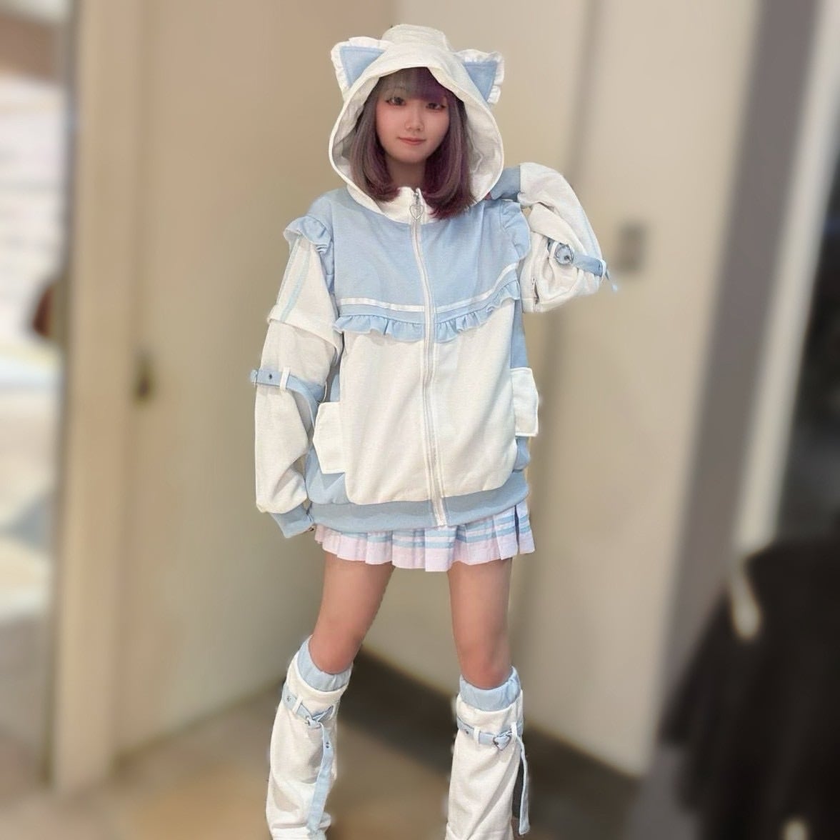 PSYNYXX 猫耳フリルジャージパーカー | 韓国系ユニセックスTHICC
