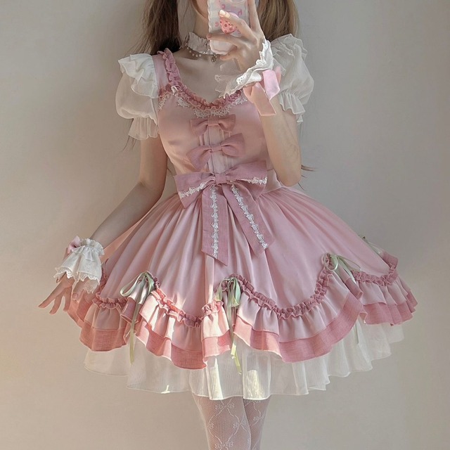桜色フリルロリータワンピース：フルセット