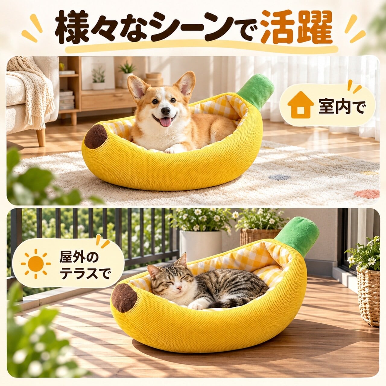 412.HANA 犬・猫用 バナナ型ペットベッド ふわふわニット素材 洗える
