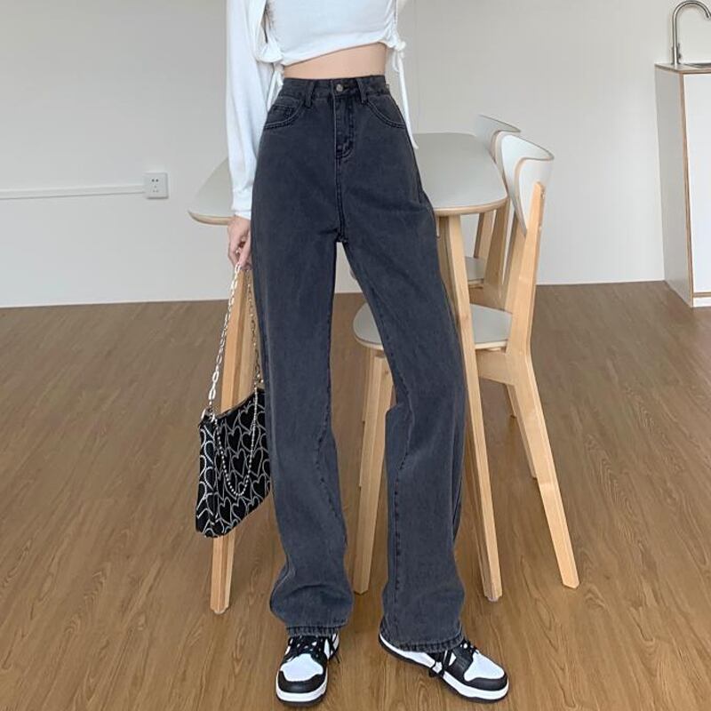 スプリングオータムブラックジーンズ ルーズパンツ ハイウェスト薄手 春物 秋物 試着室97387565804