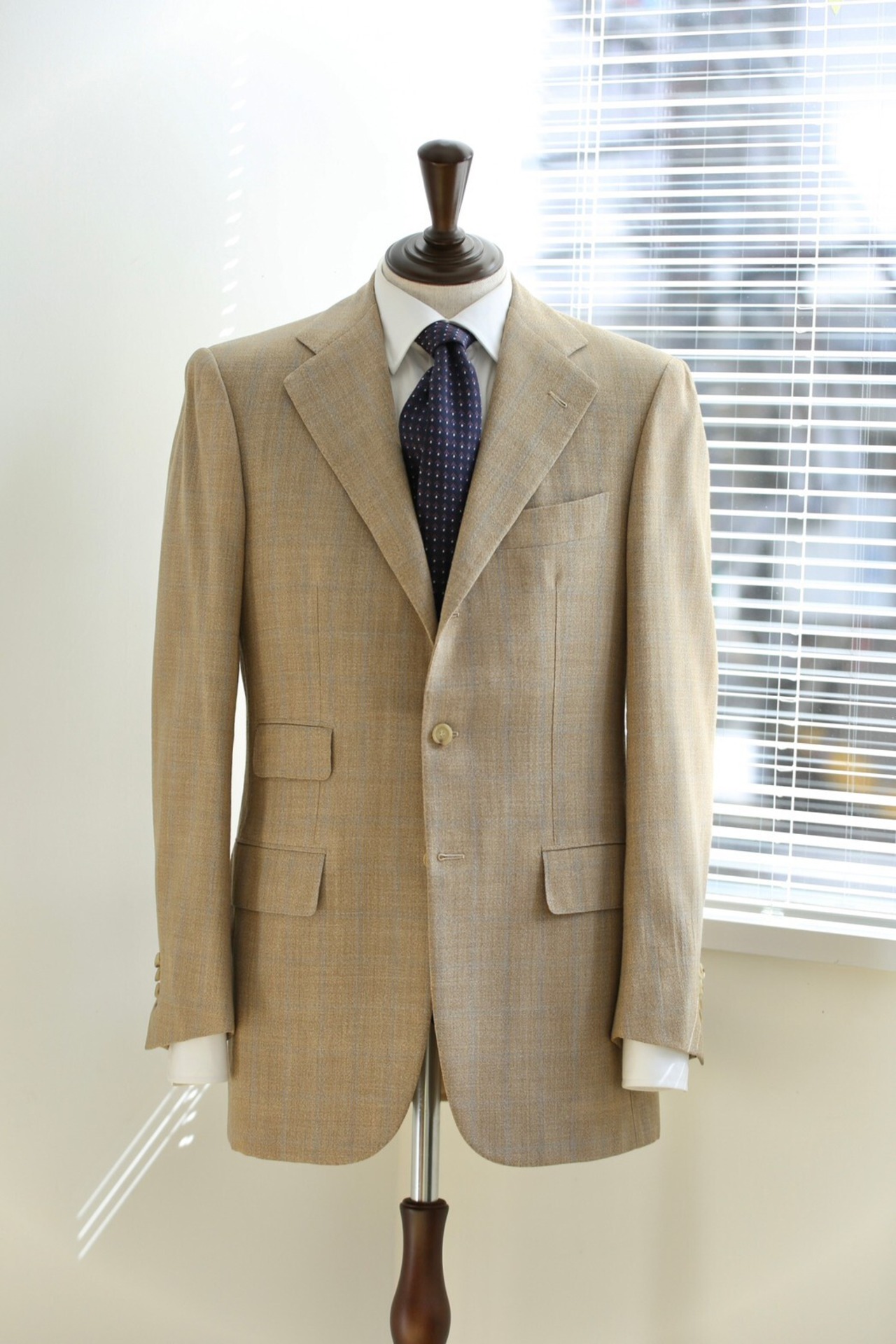 【Sartoria Attolini】 サマーウール シングルジャケット ベージュウィンドーペン   Size: 48 / Vintage