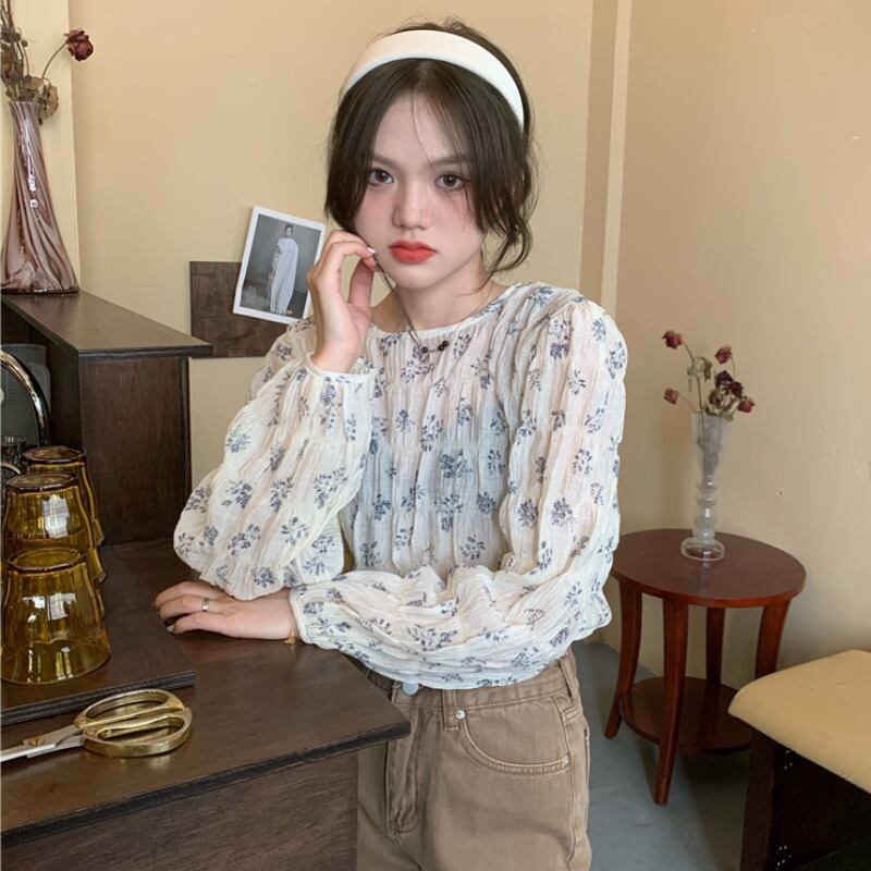 ラウンドネックフローラル薄手シフォンシャツ ショートブラウス ロング 花柄 Oネック ハンチェンe20300691645