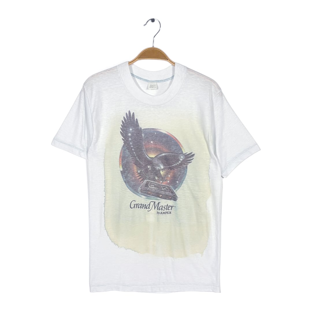 70s アンペックス カセットテープ USA製 ヴィンテージ Tシャツ ノベルティー 販促品 フェード ライトブルー GRAND MASTER AMPEX シングルステッチ サイズS相当 古着 BZ0558