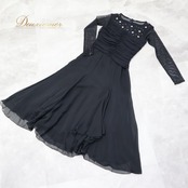 社交ダンス 衣装 スタンダード ワンピース ドレス チャコット Chacott ブラック系 ラインストーン 黒 上品 長袖 透け感 高級感 花 白 日本製 かわいい スタンダードドレス パーティー 絞り ホワイト系