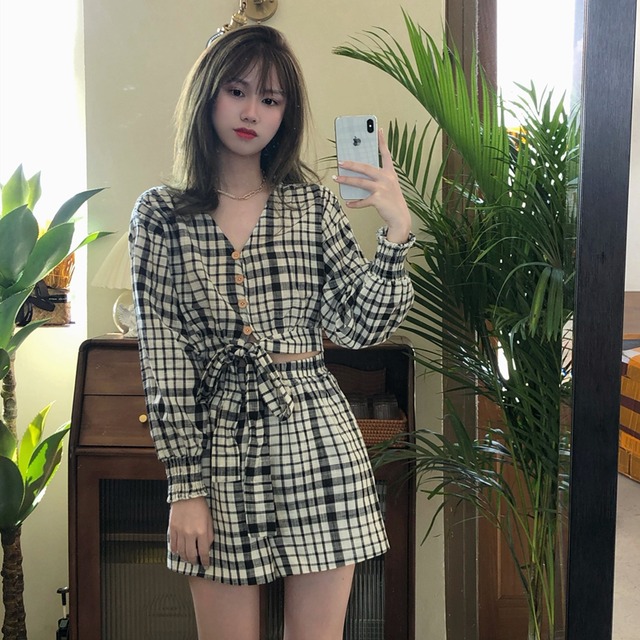 オータム格子柄ショートトップス ハイウェストショーツ ロング 秋物 ブルマー クレセントシティ86983393693