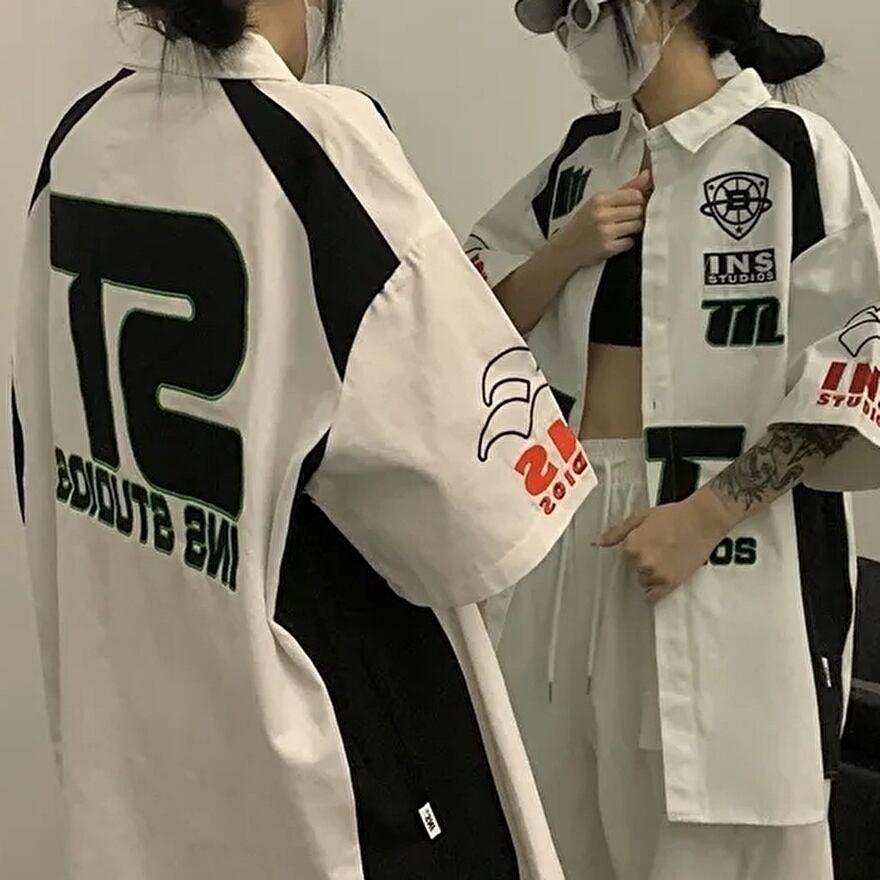 サブカル 服 地雷系 通販 半袖 シャツ ジャケット オーバーサイズ バックロゴ ユニセックス 韓国ファッション