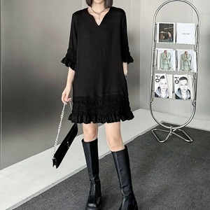 BLACK 3/4SLEEVES V-NECK SHIRRING TRIMMED MINI DRESS 1color M-8950