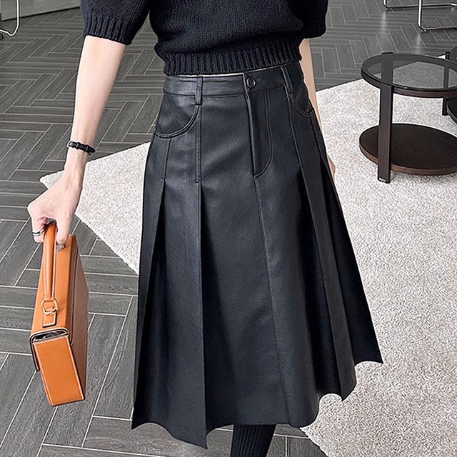 Double pocket pleated PU leather skirt A860
