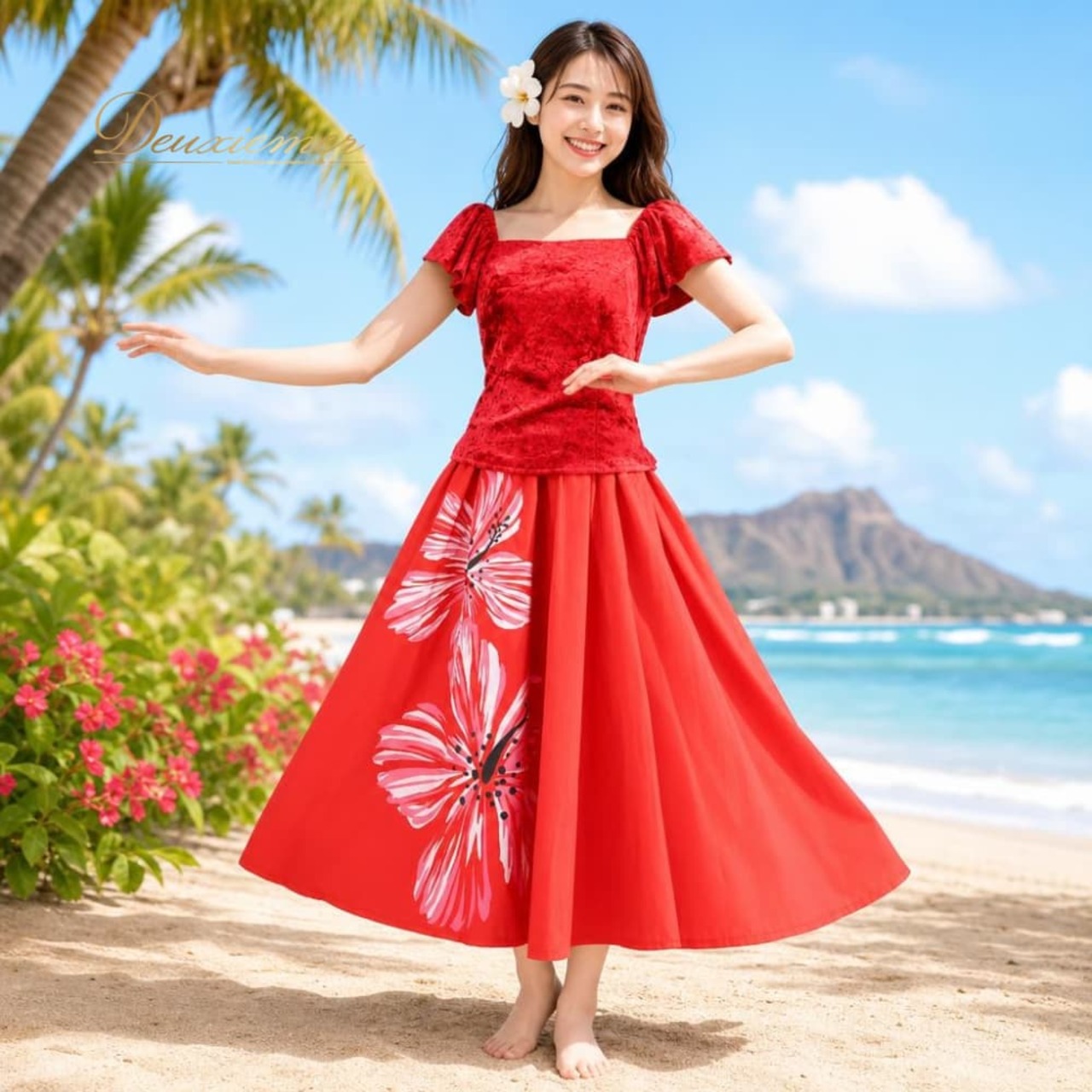 フラダンス 衣装 ALOHA STANDARDS アロハスタンダード ツーピース セットアップ 上下セット レッド系 日本製 ベロア 光沢 ハイビスカス柄 かわいい 華やか 鮮やか 明るい ハワイアン アロハ ハワイアンプリント フラ ダンス レッスン 練習