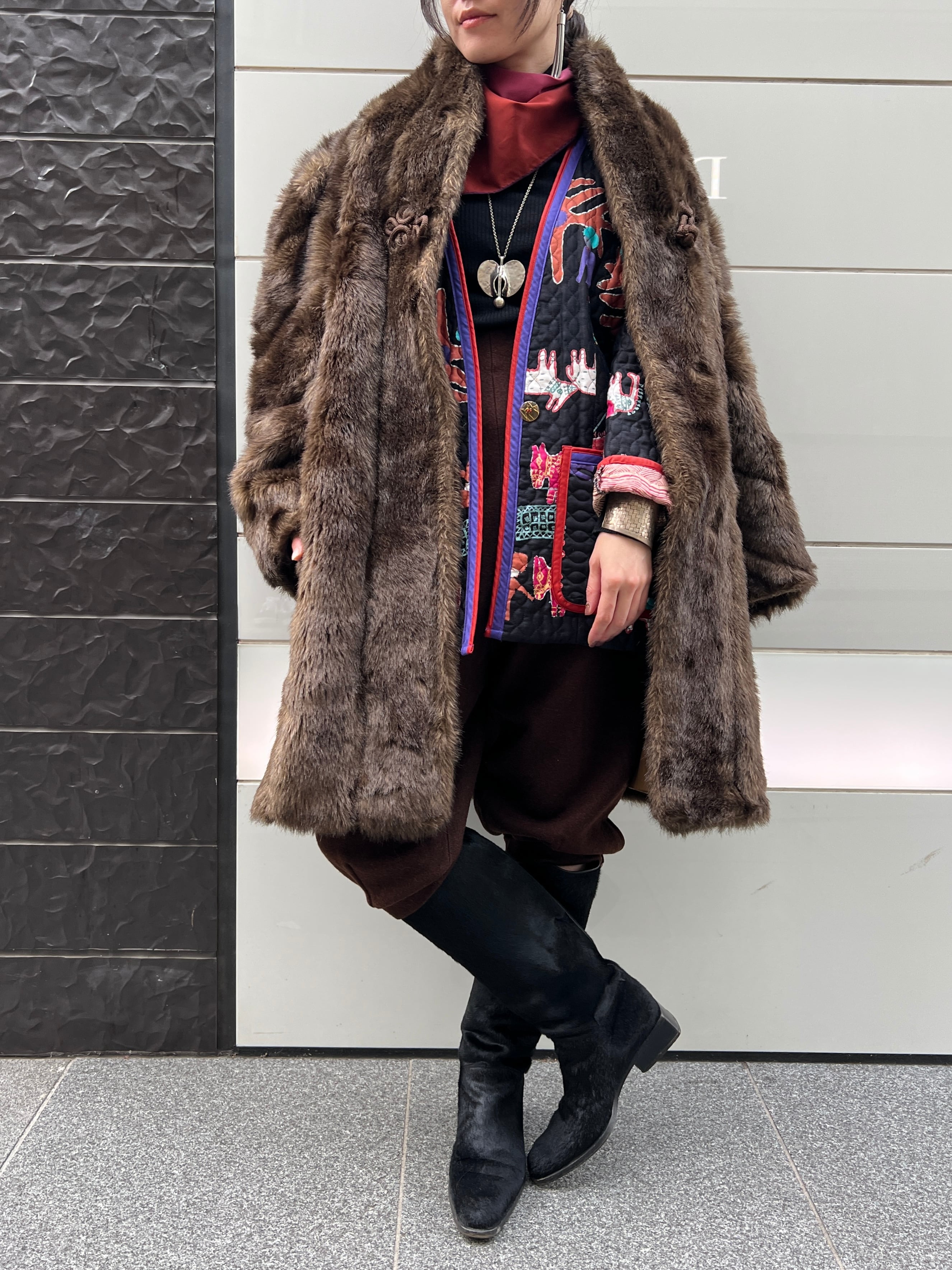 Vintage Big size Chinese dark brown fake fur coat ( ヴィンテージ ビッグサイズ チャイニーズ 焦げ茶色 フェイクファー コート