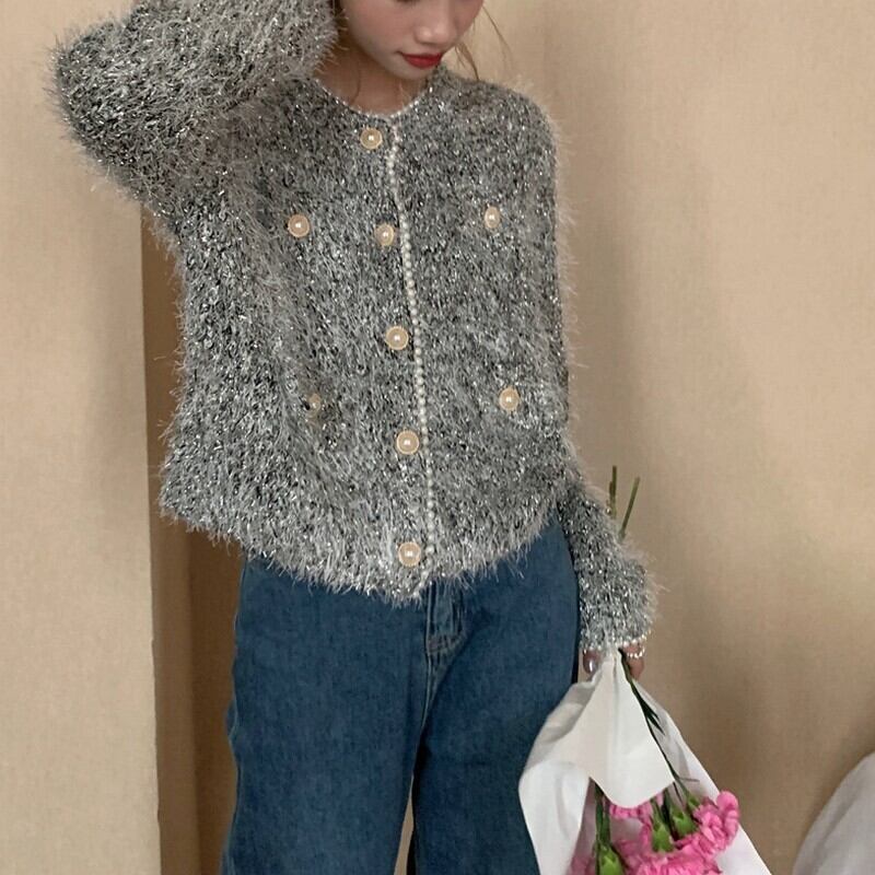 Shaggy knit pearl cardigan