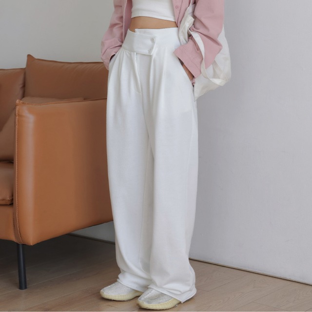 high-waist double button design wide leg pants L0495