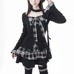 チェックリボンブラックフリルエッジトップス(lli_6243)