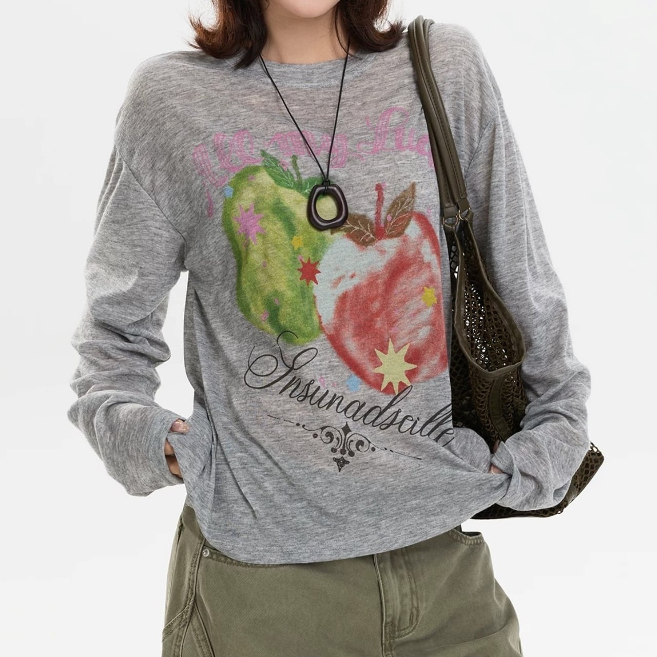 アップルモチーフシアーロングスリーブTシャツ 2col R02546