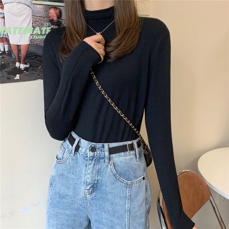 セーター スプリングオータムスリムブラックトップス ロング 春物 秋物 1号婦人25591340148