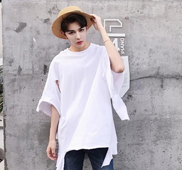 Top Mode 夏 変形デザイン コットンｔシャツ ロング丈 ロンｔ アシンメトリー 大きいサイズ Bigシルエット メンズ ラフ ストリート系 ゆったり 変形シャツ ゆるシャツ トップス カットソー Bitter 黒 ブラック 白 ホワイト Rmd596 Top Mode