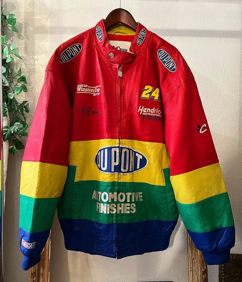 "JEFF HAMILTON" DUPONT pattern rainbow racing leather jacket 【XL 】