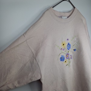 アメリカ製　B WEAR　クルーネック　スウェット　トレーナー　刺繍　花柄　L