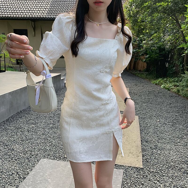 スタンダードスリーブドレス サマーショートスカート ウェスト レトロ 夏物 ブラックストロベリース56717302326