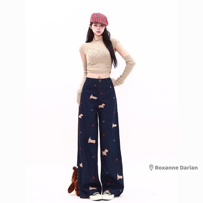 パンツ 犬ちゃん刺しゅうパンツ レディース Y2Kスタイル