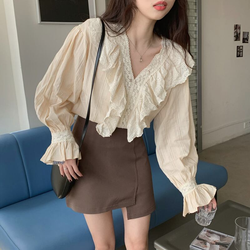 Vネックシャツ スプリングスリーブスタイルトップス 春物 萌量不足81224048263