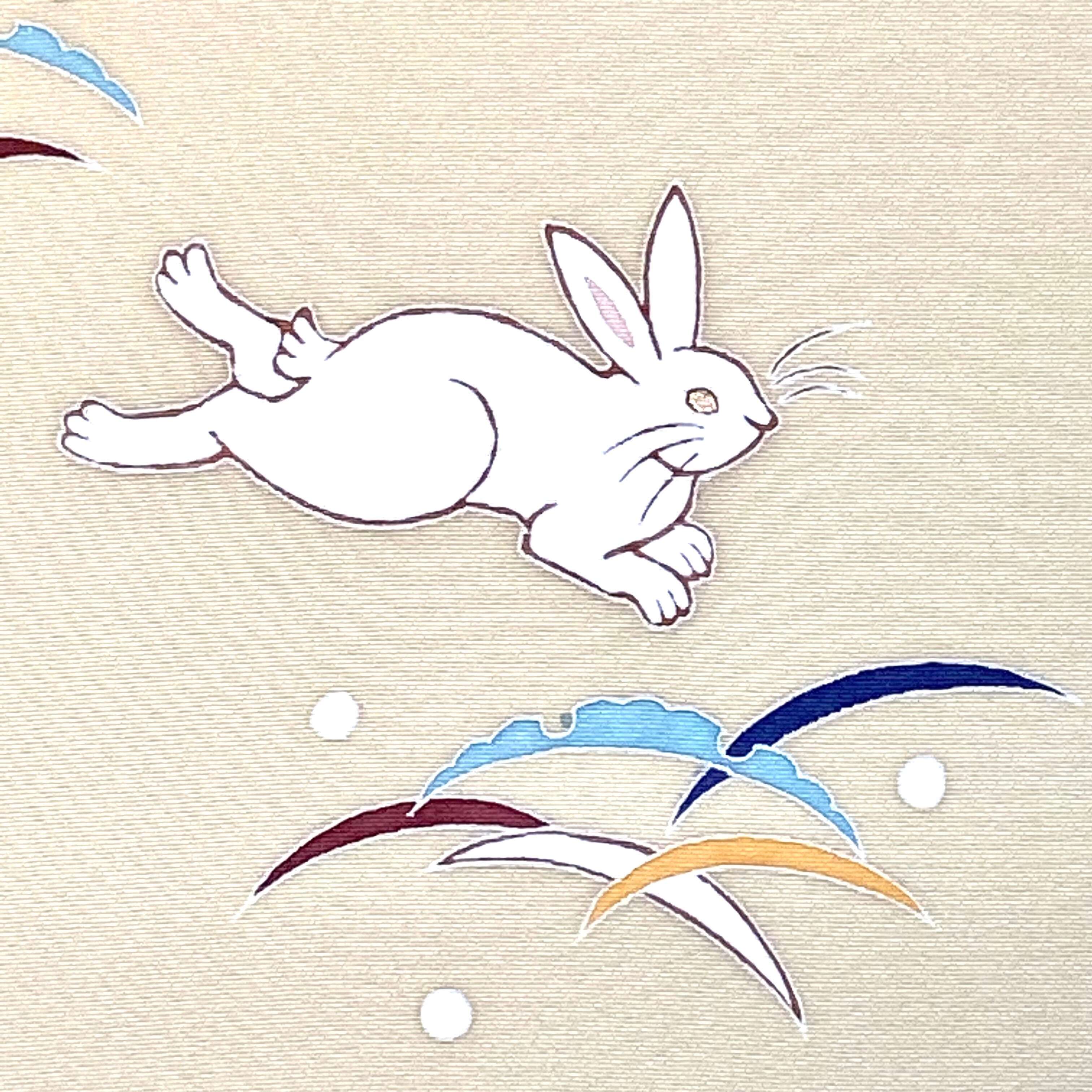 手描き うさぎ 作家物 落款入 九寸名古屋帯 染帯 正絹 女郎花色系 Q678