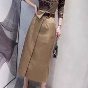 ベルト付き ラップ風 ミモレ丈 スカート 　全2色　 00030