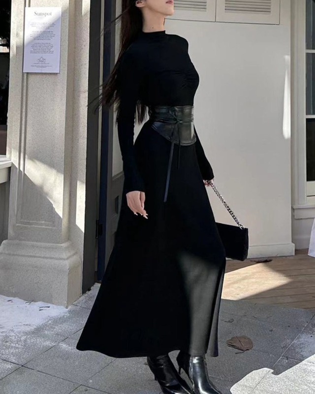 ロングスリーブベルト付きAラインワンピース  A0849