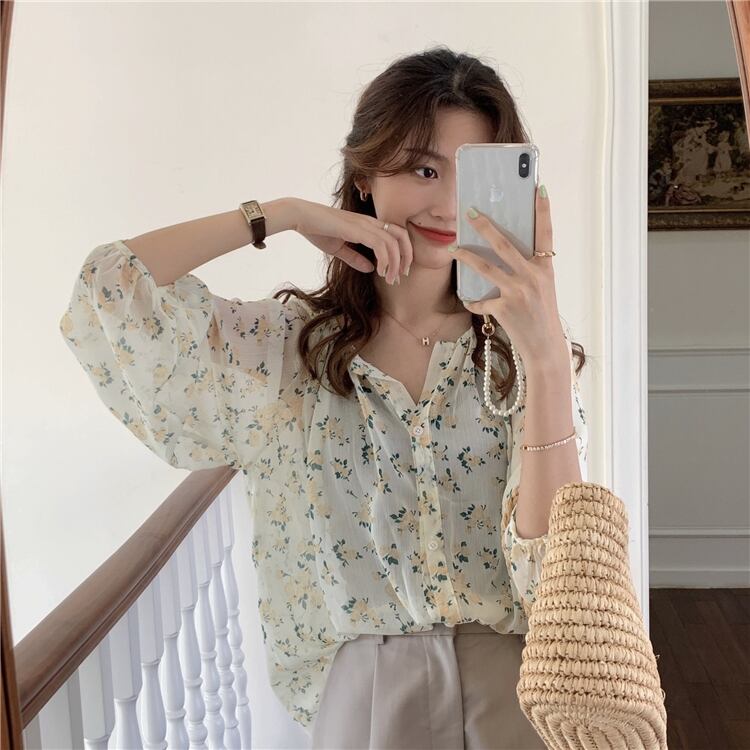 シャツ ブラウス サマー薄手フローラルスリーブシフォン 夏物 花柄 YY-ファッション65025391726