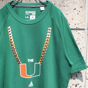 【Lサイズ】人気銘柄 adidas マイアミ大学 カレッジロゴ ラグラン古着 ドライTシャツ