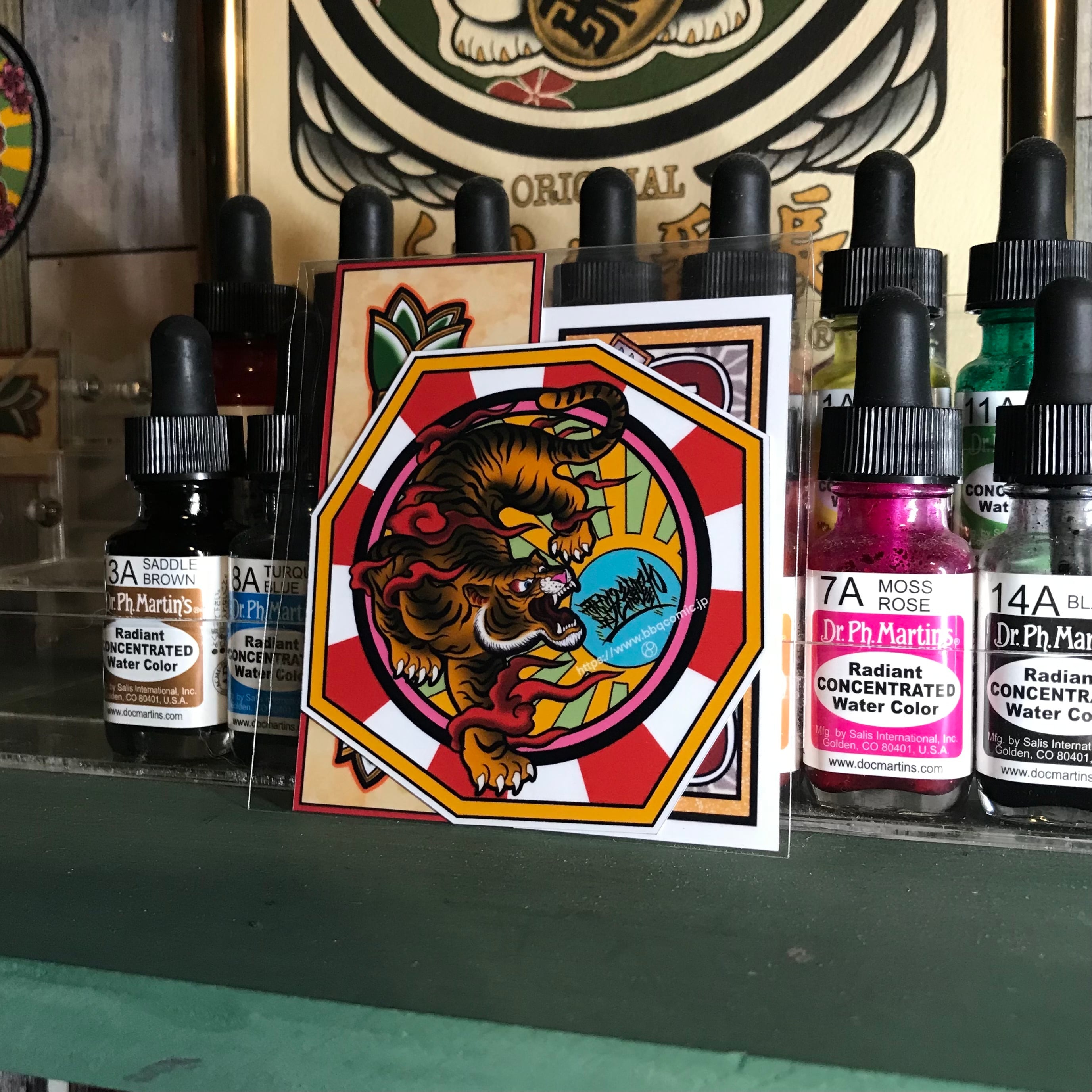 ステッカー 八角 魔除けの虎 千社札とシェイクハンドステッカー付き