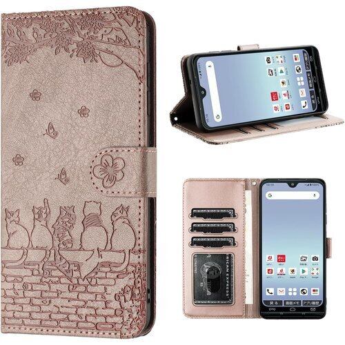 京セラ あんしんスマホ KY-51B ケース 手帳型 カバー 携帯カバー おしゃれ 京セラ KY51B KY-51Bケース カバー 手帳型ケース シンプル 人気 あんしんスマホKY-51B カバー 上質PUレザー 本革 耐衝撃 ky51b 手帳型ケース case かわいい猫と美しい桜柄 軽量 sh51b 手帳型ケース カード収納 マグネット式 スタンド機能 6.1インチ グレーピンク 2119